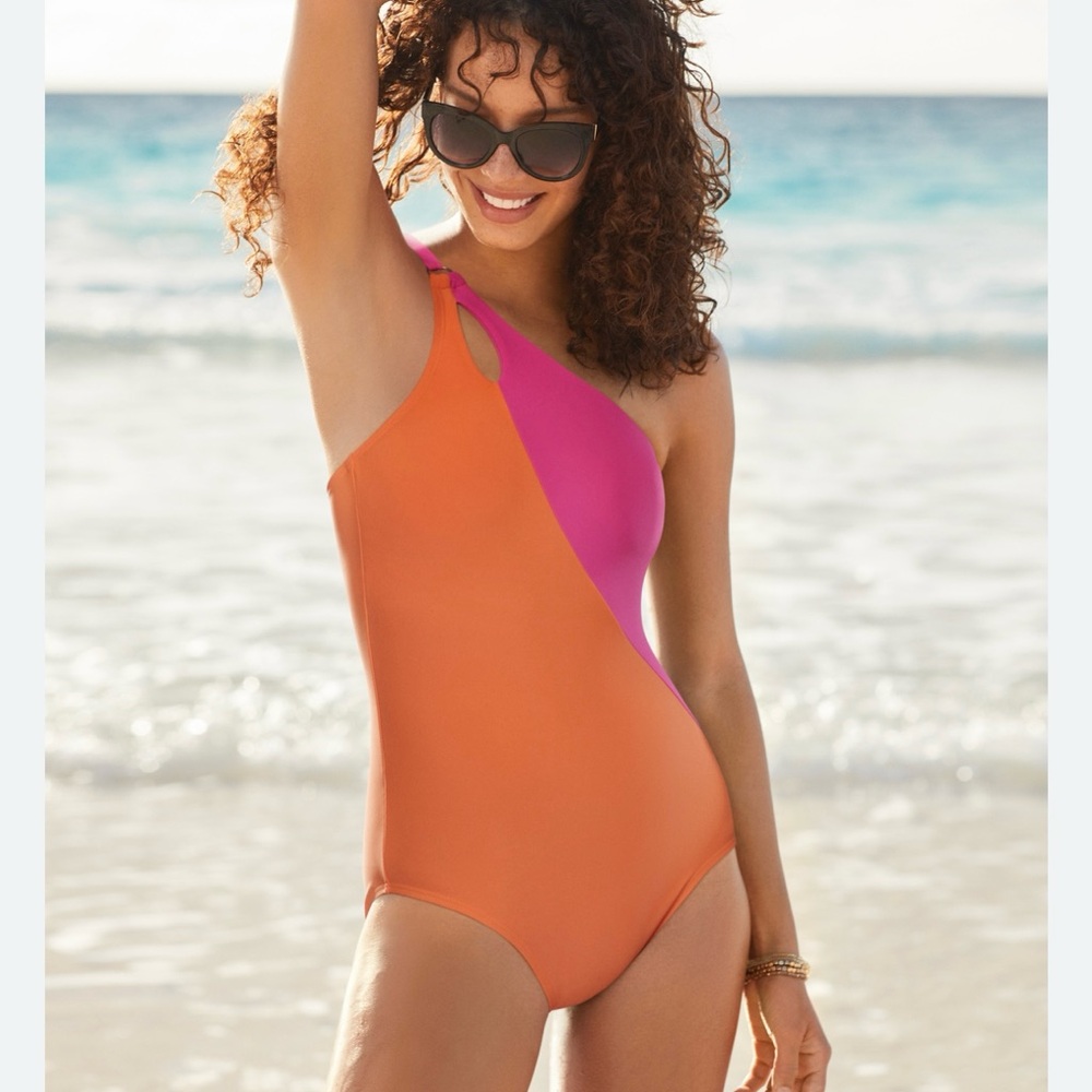 One-Shoulder Orange and Pink Swimsuit